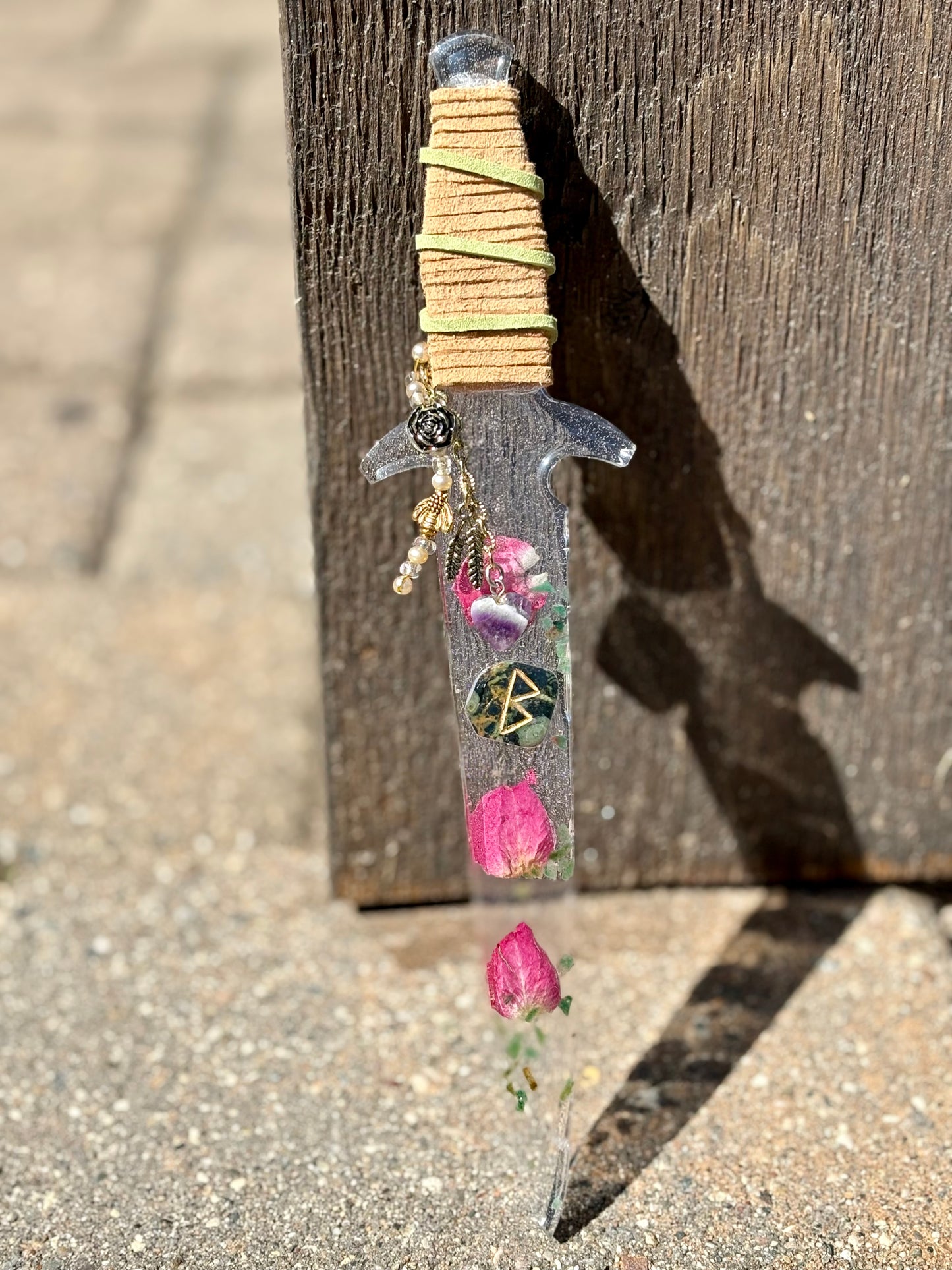 Clear Resin Dagger with Fertility Rune, Rose and Aventurine