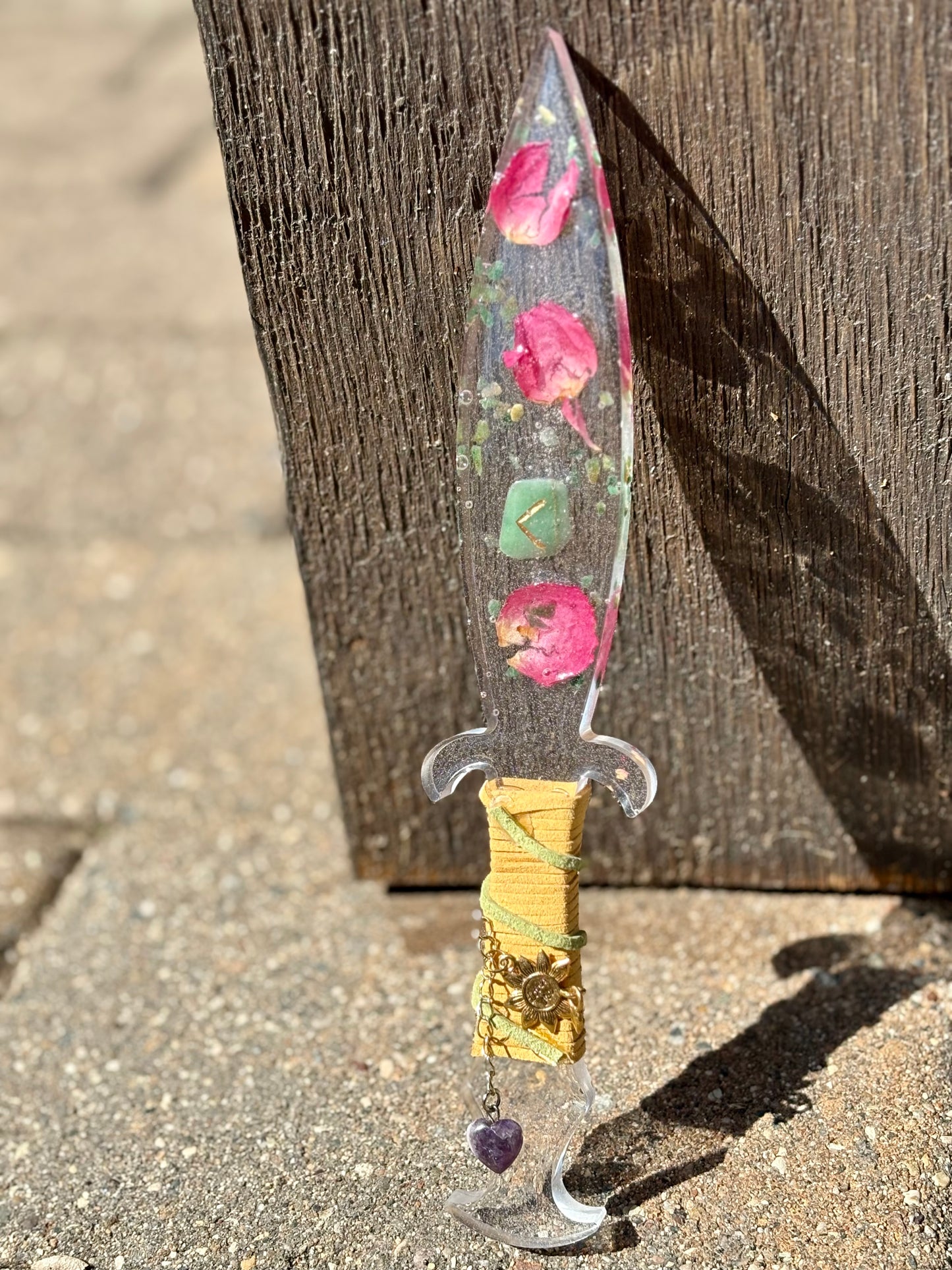 Clear Resin Dagger with Knowledge Rune, Rose, and Aventurine