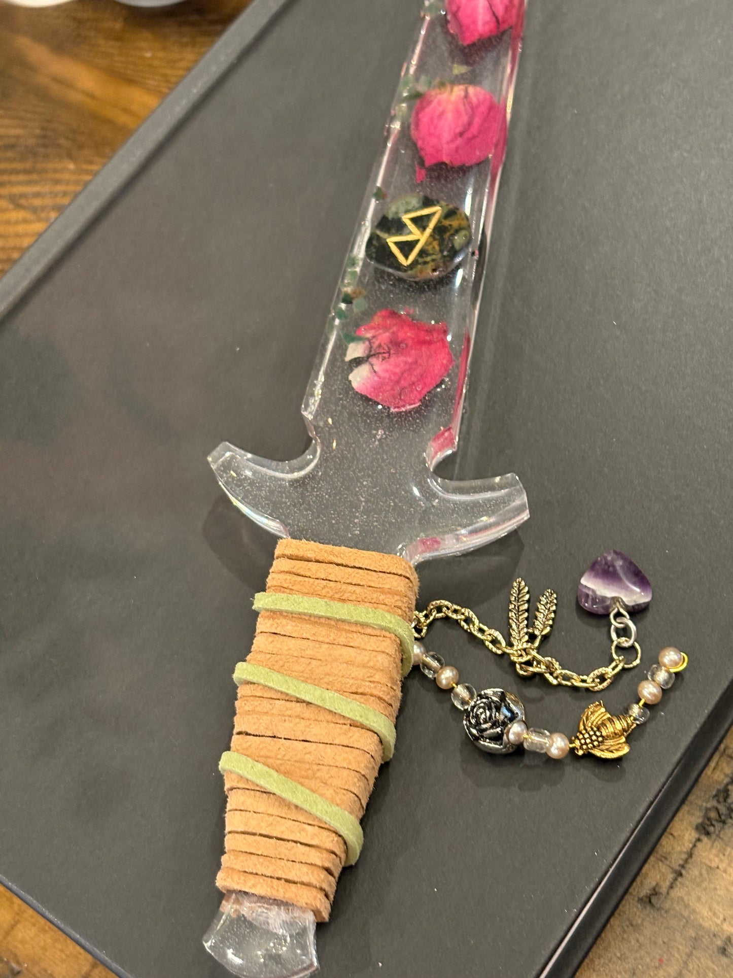 Clear Resin Dagger with Fertility Rune, Rose and Aventurine