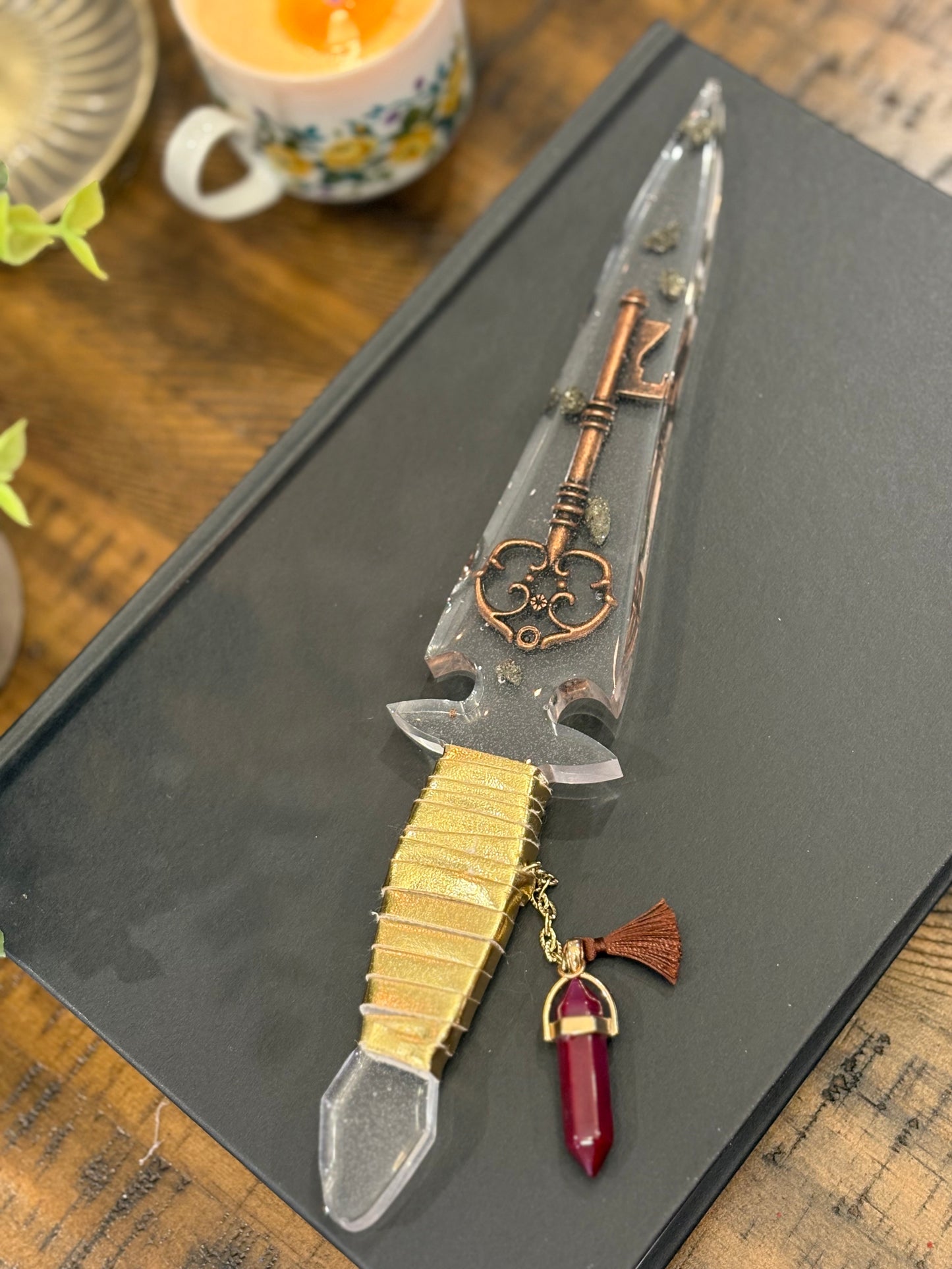 Clear Resin Dagger with Key & Pyrite