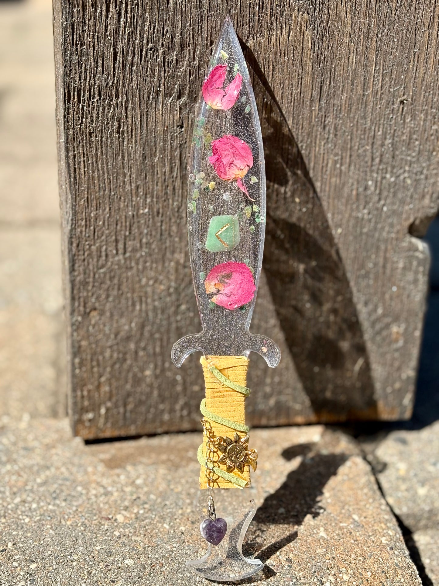 Clear Resin Dagger with Knowledge Rune, Rose, and Aventurine