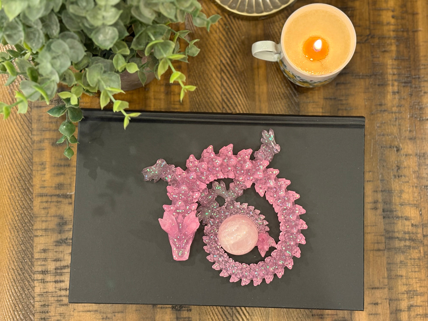 Pink Resin Dragon With Rose Quarts Horns and Tail