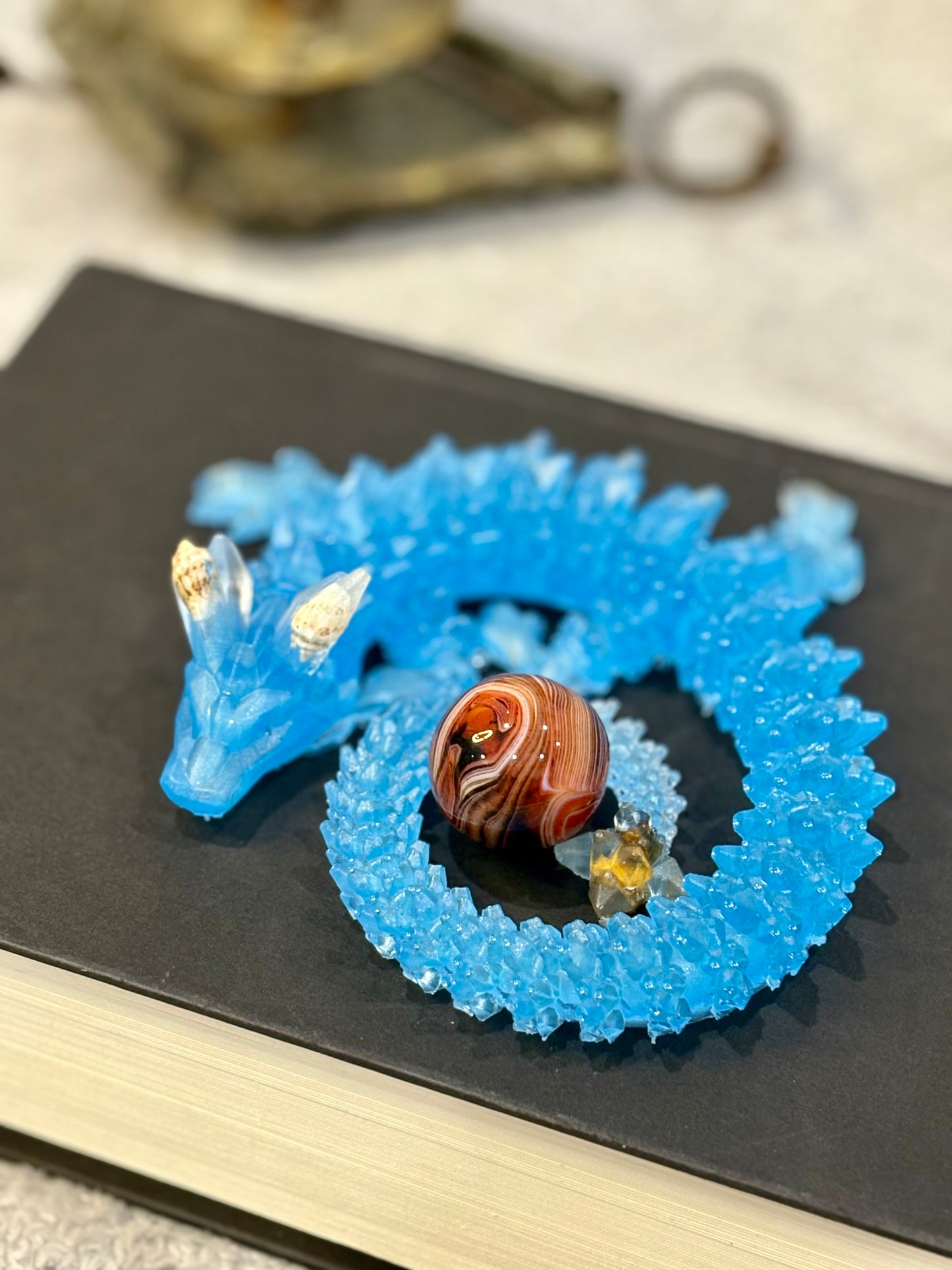 Blue Resin Dragon with Seashell Horns and Polished Stone Tail