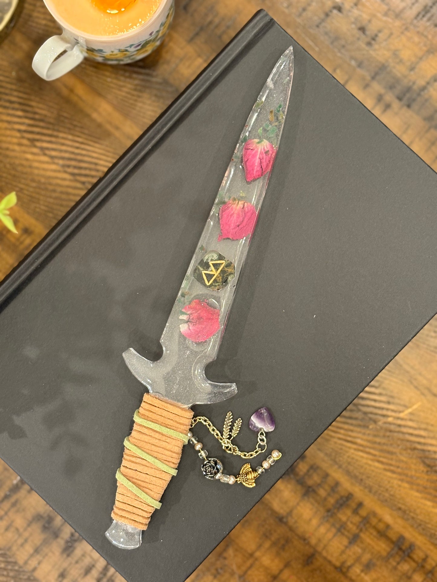 Clear Resin Dagger with Fertility Rune, Rose and Aventurine