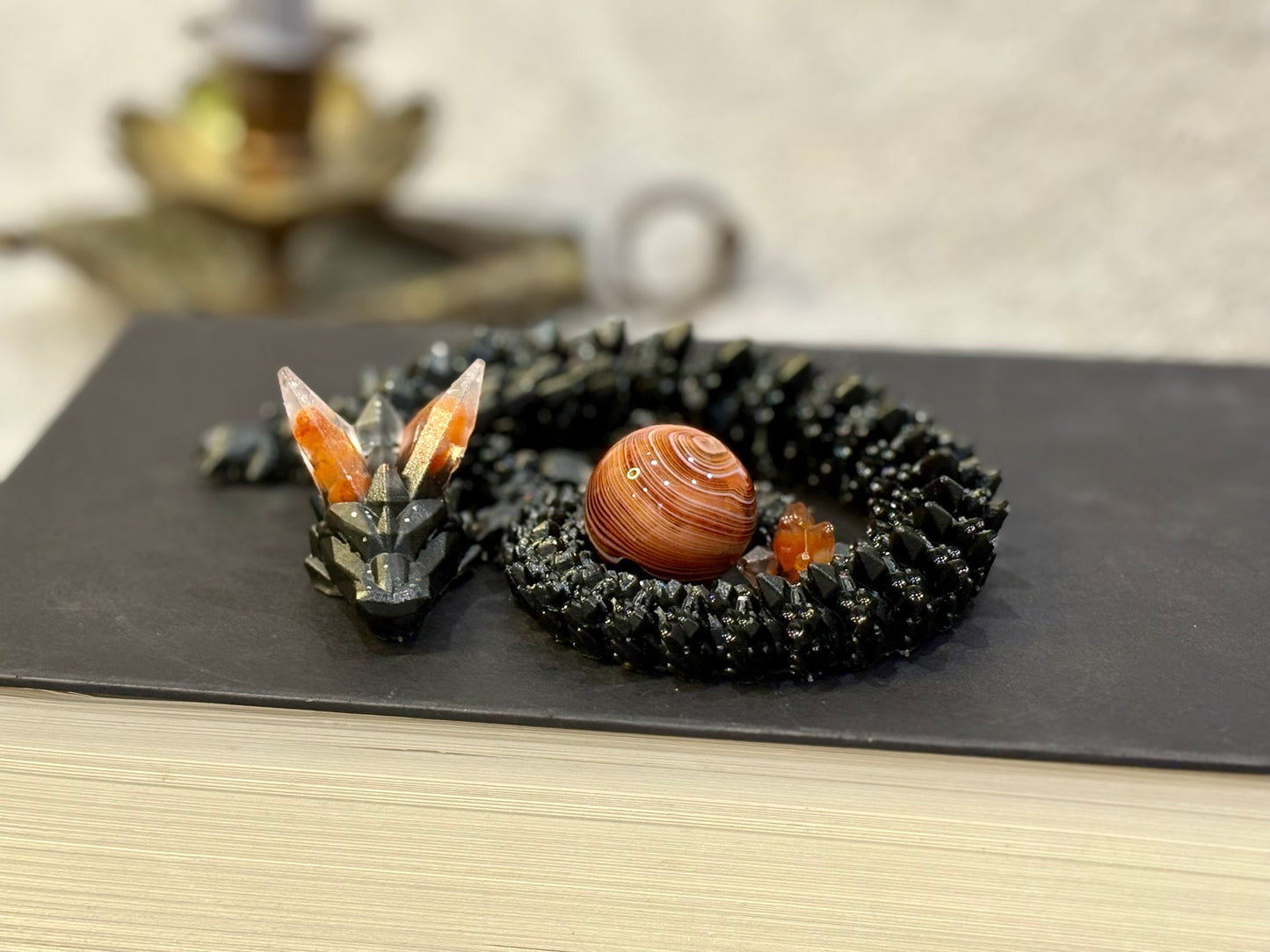 Black Resin Dragon with Red Jasper Horns and Tail