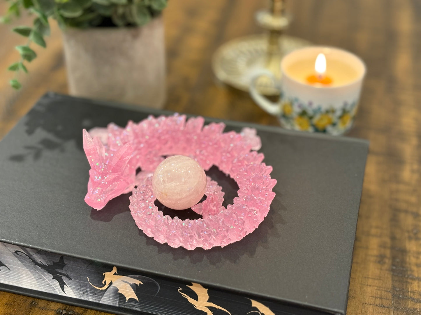 Pink Resin Dragon With Rose Quarts Horns and Tail