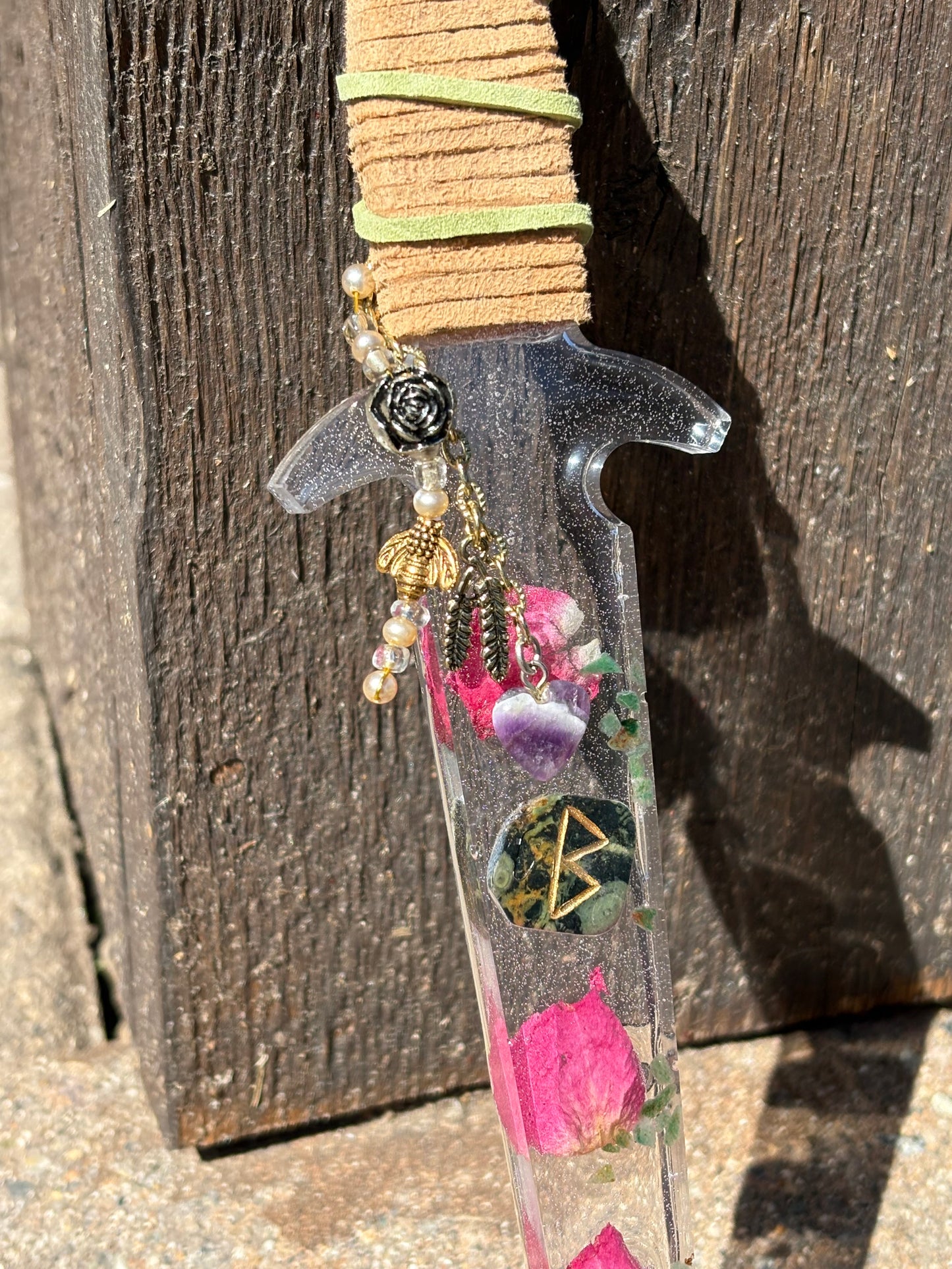 Clear Resin Dagger with Fertility Rune, Rose and Aventurine