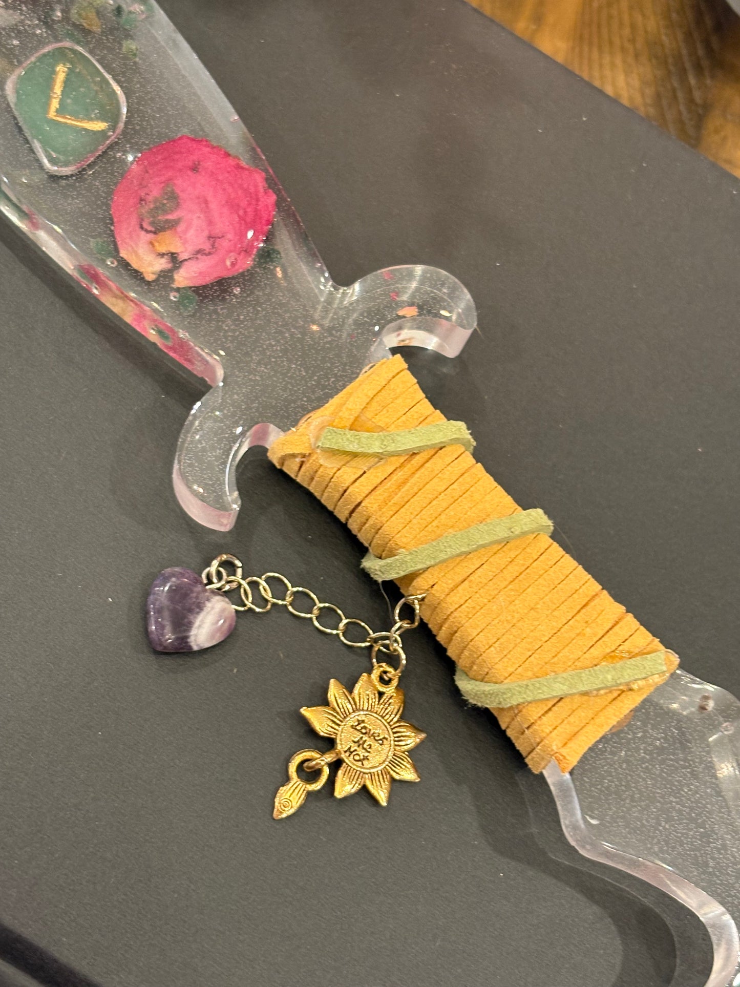 Clear Resin Dagger with Knowledge Rune, Rose, and Aventurine