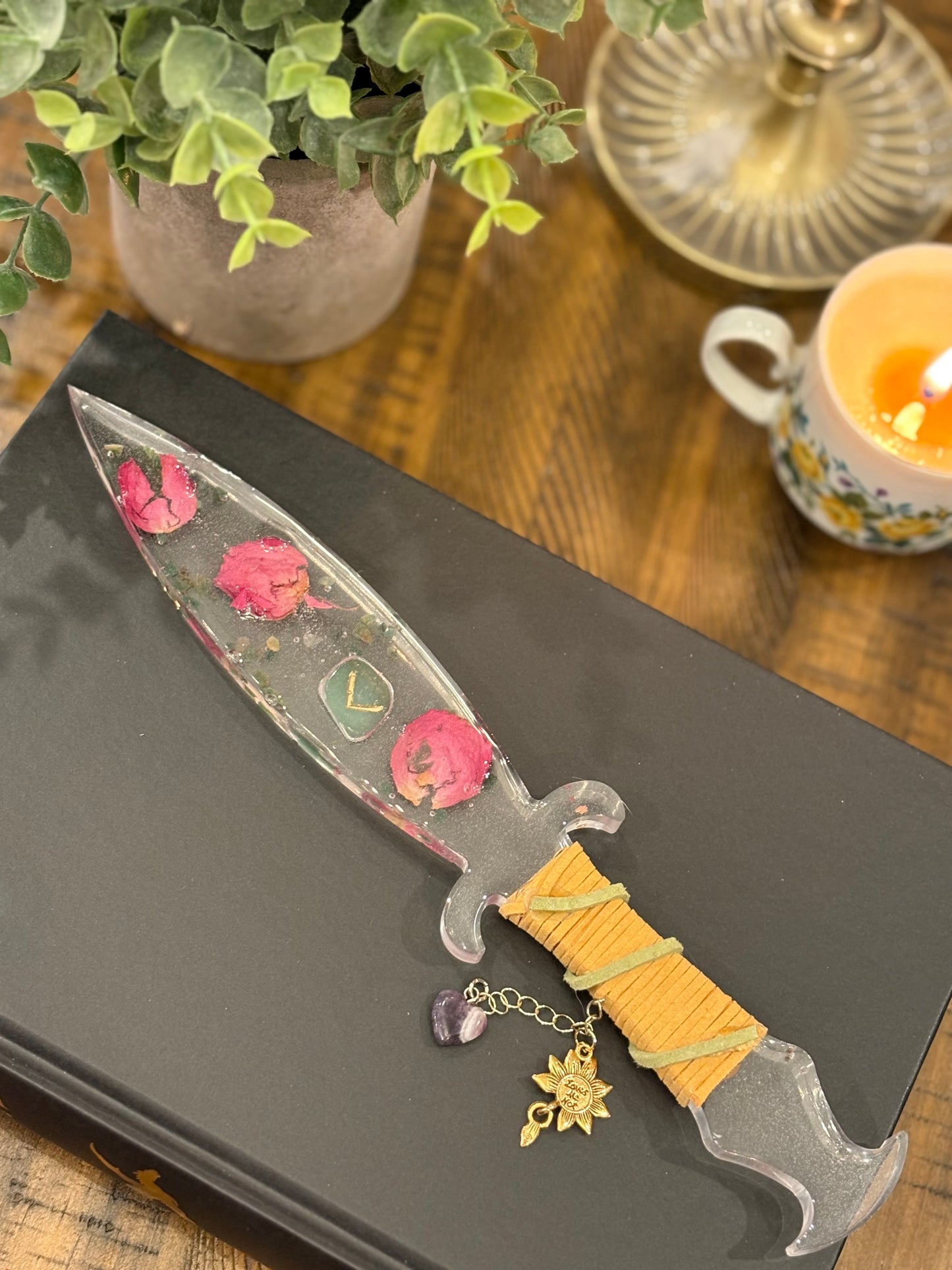 Clear Resin Dagger with Knowledge Rune, Rose, and Aventurine
