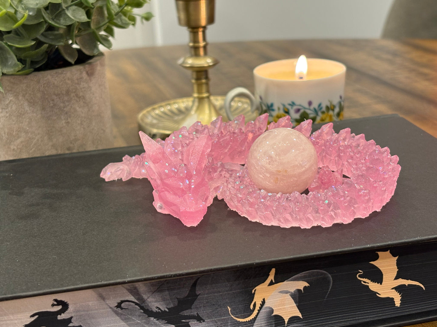 Pink Resin Dragon With Rose Quarts Horns and Tail
